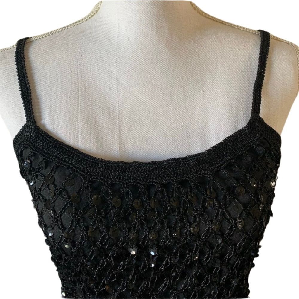 Vintage 1996 Black Sequin Crochet Dress Y2K Beaded Slip Bodycon Small - Picture 5 of 10